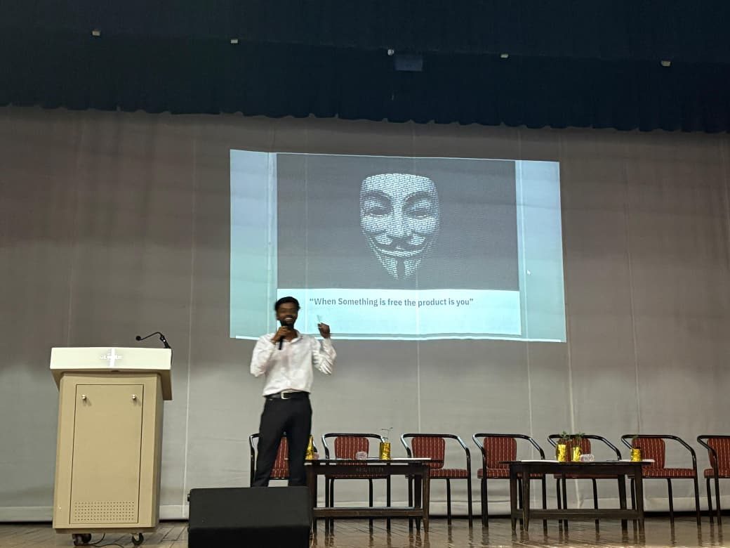 Soham Sharma delivering a Cybilution cyber security awareness session at Tuljaram Chaturchand College, Baramati, Pune