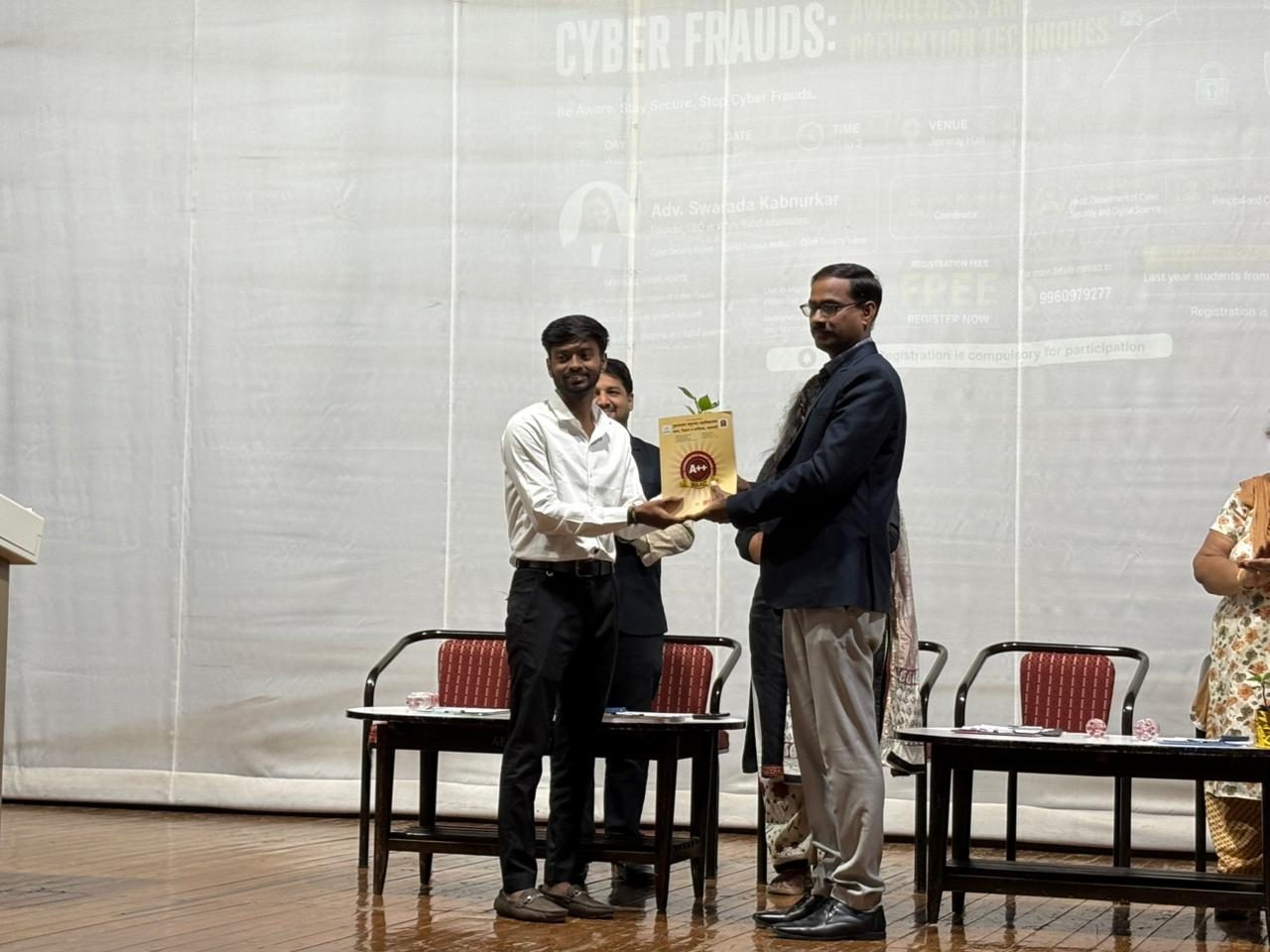 Soham Sharma delivering a Cybilution cyber security awareness session at Tuljaram Chaturchand College, Baramati, Pune